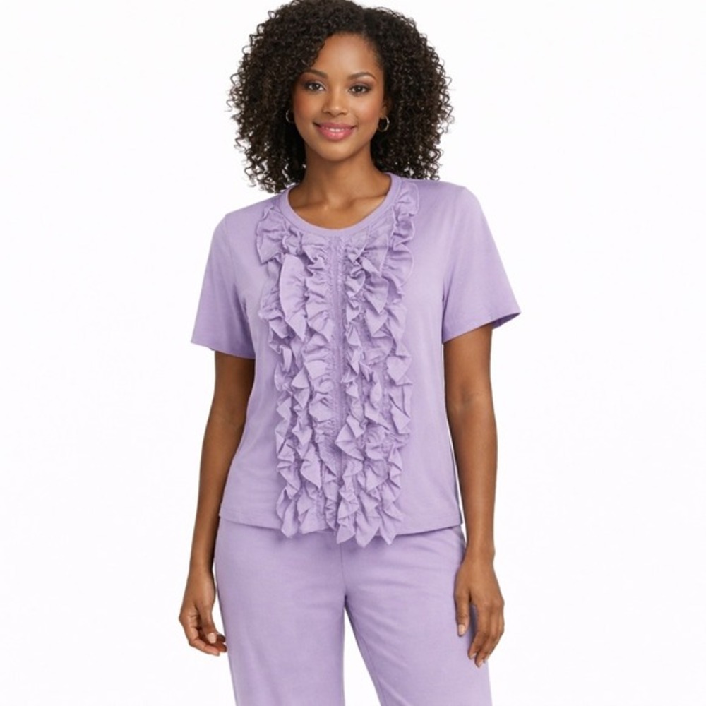 Zara Lavender Purple Ruffle Front Short Sleeve T-Shirt Crew Neck Top M 83-22